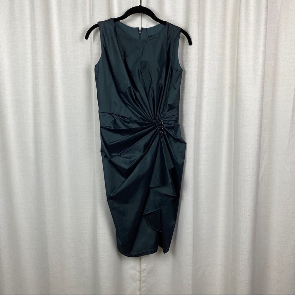 Tadashi Shoji Gray Green Shimmer Ruched Cocktail Dress Sz.4